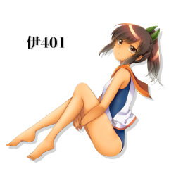 Rule 34 | 10s, 1girl, bad id, barefoot, brown eyes, brown hair, character name, from side, full body, ha rk, i-401 (kancolle), kantai collection, koyoka, one-piece swimsuit, ponytail, short hair, simple background, solo, swimsuit, swimsuit under clothes, white background