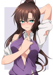 Rule 34 | 1girl, absurdres, arm up, asymmetrical bangs, blush, breasts, brown hair, closed mouth, collared shirt, commentary request, covering chest, covering privates, embarrassed, green eyes, grey background, hair ribbon, highres, kirasaka sayaka, large breasts, long hair, nishizuki shino, pink ribbon, ponytail, purple sweater vest, ribbon, shirt, solo, strike the blood, sweatdrop, sweater vest, torn clothes, torn shirt, torn sweater vest, two-tone background, upper body, white background, white shirt