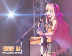 Rule 34 | 1girl, absurdres, animal ears, blonde hair, blue eyes, bracelet, cat ears, character name, cowboy shot, guitar, highres, instrument, jewelry, kamille (vcx68), lens flare, long hair, microphone stand, music, open mouth, playing instrument, seeu, singing, skirt, solo, stage, stage lights, thighhighs, very long hair, vocaloid, white thighhighs, zettai ryouiki