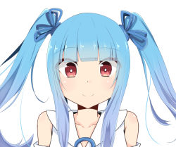 Rule 34 | 1girl, alternate hairstyle, bare shoulders, blue ribbon, blush, bright pupils, closed mouth, collarbone, detached sleeves, gomainu, hair ribbon, kotonoha aoi, long hair, red eyes, ribbon, shirt, sidelocks, simple background, smile, solo, tareme, twintails, upper body, voiceroid, white background, white shirt