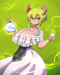 Rule 34 | 1girl, alternate costume, apron, bare shoulders, blush, bottle, breasts, bursting breasts, cleavage, collarbone, cowboy shot, cup, dot nose, dragon girl, dragon horns, dress, drinking glass, eyelashes, flower, flower on head, green background, green eyes, hair between eyes, hairstyle request, hetero, highres, holding, holding bottle, horns, huge breasts, kobayashi-san chi no maidragon, long hair, looking at viewer, lucoa (maidragon), mexican dress, mexico, ryou sakai, shiny clothes, shiny skin, smile, solo, standing, unusually open eyes, w arms, white dress, yellow pupils