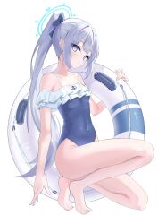 Rule 34 | 1girl, absurdres, bare arms, bare legs, bare shoulders, barefoot, blue archive, blue halo, blue one-piece swimsuit, blush, casual one-piece swimsuit, covered navel, fingernails, frilled one-piece swimsuit, frills, grey hair, gyuu, halo, highres, innertube, long hair, looking at viewer, miyako (blue archive), miyako (swimsuit) (blue archive), off-shoulder one-piece swimsuit, off shoulder, official alternate costume, one-piece swimsuit, parted lips, ponytail, purple eyes, simple background, solo, swim ring, swimsuit, toes, white background