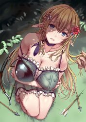 Rule 34 | 1girl, armor, arrow (projectile), blonde hair, blue eyes, blue flower, braid, breasts, broken arrow, dress, elf, flower, green dress, hair flower, hair ornament, highres, kuurunaitsu, large breasts, open mouth, original, outdoors, playing with another&#039;s hair, pointy ears, red flower, side braids, tearing up