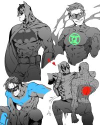 Rule 34 | 5boys, bad id, bad twitter id, batman, batman (series), belt pouch, bodysuit, cape, clenched hand, commentary request, dc comics, deadpool, deadpool (movie), deadpool (series), eye mask, fish (m8snknk), green lantern, green lantern (series), grin, heart, male focus, marvel, mask, multiple boys, muscular, muscular male, nightwing, partially colored, pouch, short hair, simple background, smile, spider-man, spider-man (series), white background