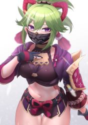 Rule 34 | 1girl, absurdres, armor, black shirt, breasts, commentary request, cowboy shot, crop top, genshin impact, gradient background, green hair, grey background, highres, jacket, kirima (user danf8787), kuki shinobu, large breasts, looking at viewer, mask, midriff, mouth mask, navel, open clothes, open jacket, ponytail, purple eyes, purple jacket, shirt, short hair, short shorts, shorts, shoulder armor, solo, standing, stomach, white background