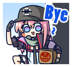 Rule 34 | 1girl, :d, baseball cap, black gloves, black necktie, blue eyes, blush stickers, box, chibi, chinese commentary, commentary request, dress, girls&#039; frontline, gloves, goodbye, grey hat, hair between eyes, hat, hat tip, highres, holding, holding box, jacket, long hair, looking at viewer, necktie, official art, one side up, open mouth, package, pink hair, purple eyes, purple gloves, sangvis ferri, simple background, smile, solo, st ar-15 (girls&#039; frontline), su xiao jei, translation request, two-tone eyes, two-tone gloves, white dress