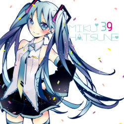 Rule 34 | 1girl, 39, aqua eyes, aqua hair, character name, detached sleeves, hand on own hip, hatsune miku, highres, inami eno, long hair, necktie, simple background, skirt, smile, solo, twintails, very long hair, vocaloid, white background