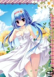 Rule 34 | 1girl, absurdres, bare shoulders, blue hair, blue sky, blush, breasts, clothes lift, cloud, day, dress, dress lift, dutch angle, flower, gluteal fold, hair flower, hair ornament, hairband, hand on own chest, highres, long hair, looking at viewer, low twintails, no panties, purple eyes, scan, shiramori yuse, sky, smile, solo, sparkle, sundress, sunflower, thigh gap, twintails, white dress