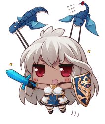 Rule 34 | &gt;:d, &gt; &lt;, 10s, 1girl, :d, @ @, ahoge, armor, armored dress, blue dress, blush, chibi, dark skin, dark-skinned female, dragon, dress, closed eyes, flying, granblue fantasy, held up, holding, holding sword, holding weapon, long hair, motion lines, open mouth, red eyes, ruton-niki, shield, silver hair, simple background, smile, solo, sword, thighhighs, v-shaped eyebrows, weapon, white background, zooey (granblue fantasy)