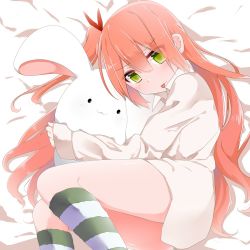 Rule 34 | 1girl, bad id, bad pixiv id, bed sheet, blush, closed mouth, collared shirt, commentary request, eyes visible through hair, green eyes, hair between eyes, hair ribbon, holding, holding stuffed toy, kneehighs, long hair, long sleeves, looking at viewer, looking to the side, lying, no pants, on bed, on side, one side up, orange hair, original, red ribbon, ribbon, shirt, sleeves past wrists, socks, solo, striped clothes, striped socks, stuffed animal, stuffed rabbit, stuffed toy, tongue, tongue out, umino (umino00), very long hair, white shirt