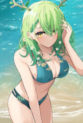 Rule 34 | 1girl, antlers, apple, bare shoulders, beach, bikini, blush, braid, braided bangs, branch, breasts, ceres fauna, cleavage, collarbone, day, flower, food, fruit, golden apple, green bikini, green hair, hair between eyes, hair flower, hair ornament, highres, holocouncil, hololive, hololive english, horns, large breasts, long hair, looking at viewer, midriff, mole, mole under eye, multicolored bikini, multicolored clothes, navel, ocean, outdoors, qilin (mythology), shuuzo3, smile, solo, swimsuit, thighs, virtual youtuber, yellow eyes