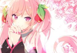Rule 34 | 1girl, blush, cherry blossoms, cherry hair ornament, collared shirt, commentary, detached sleeves, food-themed hair ornament, hair ornament, hatsune miku, long hair, long sleeves, looking at viewer, nail polish, own hands clasped, own hands together, pink eyes, pink hair, ryuuga sazanami, sakura miku, shirt, smile, solo, twintails, vocaloid