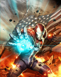 Rule 34 | 1boy, aiming, aiming at viewer, american flag, armor, collaboration, fire, flag, genzoman, glowing, iron man (series), iron patriot, joe ng, lens flare, male focus, marvel, norman osborn, power armor, signature, solo, sparks, united states