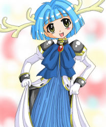 Rule 34 | 00s, 1girl, antlers, blue hair, blush, blush stickers, dress, galaxy angel, gloves, green eyes, head tilt, horns, looking at viewer, mint blancmanche, open mouth, puffy sleeves, short hair, smile, solo, tagme, yellow eyes