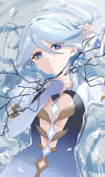 Rule 34 | 1girl, absurdres, arm up, blue eyes, blue hair, closed mouth, cowlick, dress, drop-shaped pupils, furina (genshin impact), genshin impact, gradient dress, grey hair, hair between eyes, hand on own neck, heterochromia, highres, juliet sleeves, light blue hair, light smile, long hair, long sleeves, mismatched pupils, moti11kkk29, multicolored hair, partially submerged, petals, petals on liquid, puffy sleeves, solo, streaked hair, symbol-shaped pupils, upper body, water