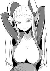 Rule 34 | 1girl, arms behind head, breasts, cleavage, dress, electro emilia, greyscale, headgear, ken (koala), large breasts, long hair, looking at viewer, monochrome, original, short dress, simple background, skin tight, smile, solo, white background