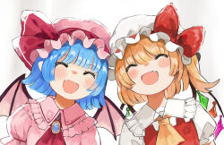 Rule 34 | 2girls, ^ ^, absurdres, bat wings, blonde hair, blue hair, blunt bangs, blush, bow, brooch, closed eyes, crystal, fang, flandre scarlet, frilled shirt collar, frills, happy, hat, highres, jewelry, mob cap, multiple girls, niseneko (mofumofu ga ienai), one side up, puffy short sleeves, puffy sleeves, red bow, remilia scarlet, short hair, short sleeves, siblings, simple background, sisters, skin fang, touhou, upper body, white background, wings