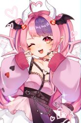 Rule 34 | 1girl, absurdres, ahoge, black nails, choker, colored skin, cropped jacket, demon girl, demon horns, demon wings, hair ornament, head wings, heart, heart ahoge, heart choker, heart hair ornament, heart o-ring, highres, horns, ironmouse, ironmouse (13th costume), jacket, long hair, looking at viewer, miracle (waaaracle), multicolored hair, multicolored skin, nail polish, o-ring, o-ring choker, one eye closed, pink choker, pink hair, pink jacket, pink shirt, pink skirt, pointy ears, purple hair, purple skirt, red eyes, red nails, shirt, skirt, smile, spiked choker, spikes, streaked hair, twintails, v, virtual youtuber, vshojo, wings