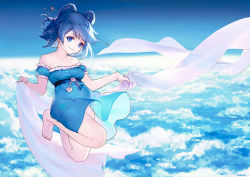 Rule 34 | 1girl, adapted costume, ainy, alternate costume, bad id, bad pixiv id, bare shoulders, barefoot, belt, blue dress, blue eyes, blue hair, cloud, collarbone, day, detached sleeves, dress, full body, hagoromo, hair ornament, hair rings, hair stick, kaku seiga, looking at viewer, matching hair/eyes, puffy sleeves, shawl, short hair, short sleeves, sky, smile, solo, touhou