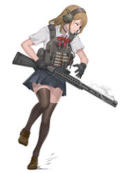 Rule 34 | 1girl, absurdres, ammunition, ammunition pouch, black gloves, black thighhighs, bow, bowtie, brown eyes, brown footwear, brown hair, cable, chinese text, choker, collared shirt, ear protection, full body, gloves, grey eyes, grey skirt, grey vest, gun, highres, holding, holding gun, holding weapon, leg up, lips, loafers, long hair, looking to the side, medium hair, microphone, mole, mole under eye, optical sight, original, parted lips, bulletproof vest, pleated skirt, pouch, red bow, red bowtie, shirt, shoes, shotgun, shotgun shell, simple background, skirt, smoke, solo, somnuss, thighhighs, triangle, trigger discipline, turning head, vest, weapon, weapon request, white background, white shirt