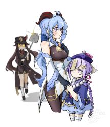 3girls, absurdres, bead necklace, beads, blue hair, blush, braid, braided ponytail, brown hair, coffeejelly, dress, ganyu (genshin impact), genshin impact, gloves, hair ornament, half-closed eyes, hand holding, hat, highres, holding, holding shovel, horns, hu tao, jewelry, jiangshi, long sleeves, multiple girls, necklace, purple eyes, purple hair, qiqi (genshin impact), scared, shorts, shovel, simple background, smile, sparkle, sparkling eyes, sweatdrop, tailcoat, twintails, white background