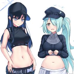 Rule 34 | 2girls, absurdres, aqua hair, bare arms, bare shoulders, baseball cap, belt, black headwear, black shirt, blue archive, blue eyes, blue hair, blush, breasts, commentary request, crop top, crying, crying with eyes open, hat, highres, hiyori (blue archive), long hair, long sleeves, medium breasts, midriff, multiple girls, navel, nia (kztk7525), open mouth, parted lips, ponytail, saori (blue archive), shirt, simple background, sleeveless, sleeveless shirt, stomach, tears, upper body, very long hair, white background
