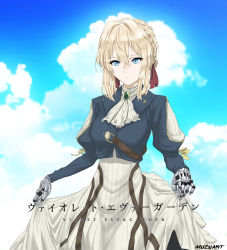 Rule 34 | 1girl, absurdres, artist name, ascot, blonde hair, blue eyes, blue sky, braid, brooch, character name, cloud, copyright name, curtsey, day, french braid, hair between eyes, hair ribbon, highres, jewelry, juliet sleeves, long sleeves, mechanical hands, muzuart, petals, puffy sleeves, red ribbon, ribbon, short hair, skirt, sky, solo, violet evergarden, violet evergarden (series)