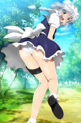 Rule 34 | 1girl, :o, ass, blurry, blurry background, blush, braid, breasts, day, dress, embarrassed, female focus, forest, from behind, green eyes, groin, hair ribbon, highres, izayoi sakuya, knees together feet apart, legs, long hair, maid, maid headdress, medium breasts, nature, open mouth, outdoors, panties, pantyshot, ribbon, shoes, silver hair, single braid, sky, solo, standing, thigh strap, thighs, touhou, tree, underwear, upskirt, yadokari genpachirou