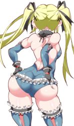 Rule 34 | 1girl, ass, back, bare shoulders, blonde hair, bodysuit, breasts, dead or alive, deep skin, detached sleeves, elbow gloves, from behind, gloves, hair ribbon, hand on ass, huge ass, leotard, long hair, marie rose, ohako, ribbon, solo, thick thighs, thighhighs, thighs, twintails, wide hips