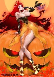Rule 34 | 1girl, ahoge, bare shoulders, boots, breasts, cat, cleavage, dress, halloween, hat, highres, jack-o&#039;-lantern, large breasts, long hair, looking at viewer, nail polish, pumpkin, purple eyes, red eyes, red hair, solo, very long hair, witch hat, yuri ai