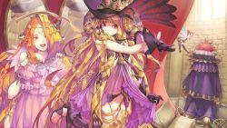Rule 34 | 10s, 1boy, 3girls, absurdly long hair, alternate costume, artist request, babydoll, big hair, black gloves, black hat, black panties, blonde hair, book, broken wall, chain, chain chronicle, character request, crown, dilma (chain chronicle), dress, end card, fairy, fairy wings, fatima (chain chronicle), feet up, flower, frilled dress, frills, gloves, hair flower, hair ornament, hair ribbon, hat, high heels, highres, long hair, melchior (chain chronicle), mirror, mole, mole under eye, multiple girls, non-web source, panties, pink dress, pirika (chain chronicle), red eyes, red hair, ribbon, see-through, stone wall, underwear, very long hair, wall, window, wings, witch hat