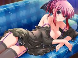 Rule 34 | 00s, 1girl, bare shoulders, blush, bra, braid, breasts, cameltoe, cleavage, couch, game cg, garter straps, innocent blue, kinmedai pink, lingerie, lying, non-web source, panties, red eyes, red hair, saeki nozomi, smile, solo, thighhighs, underwear