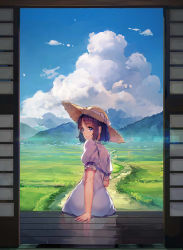 Rule 34 | 1girl, arm support, black hair, blue eyes, blue sky, bob cut, cloud, cover image, cumulonimbus cloud, day, dirt road, dress, female focus, field, from behind, grass, hat, hiiragi ache, looking back, mountain, nature, novel illustration, official art, pink dress, puffy short sleeves, puffy sleeves, road, scenery, short hair, short sleeves, shouji, sitting, sky, sliding doors, smile, solo, straw hat, textless version, veranda, white dress, yasumo (kuusouorbital)