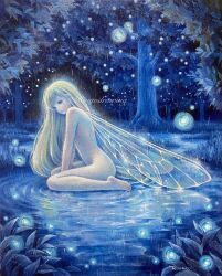Rule 34 | 1girl, barefoot, blonde hair, blue eyes, commentary request, completely nude, fairy, fairy wings, flat chest, forest, full body, highres, leaf, long hair, looking at viewer, nature, night, nude, oil painting (medium), original, outdoors, painting (medium), parted lips, ringodrawing, sitting, solo, traditional media, tree, very long hair, wariza, water, wings