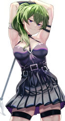 Rule 34 | 1girl, arm strap, armlet, armpits, arms behind head, arms up, belt, black belt, black choker, black dress, breasts, choker, commentary, cowboy shot, dress, green hair, halter dress, halterneck, highres, long hair, looking at viewer, medium breasts, pleated dress, purple eyes, short dress, side ponytail, smile, solo, sousou no frieren, standing, thigh strap, thighs, ubel (sousou no frieren), uenoryoma