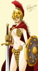 Rule 34 | 1girl, alternate hair color, armor, bikini armor, blonde hair, blue eyes, breasts, cape, chainmail, character name, cleavage, dressrosa, female focus, gladiator, gloves, helmet, highres, large breasts, long hair, midriff, navel, one piece, pelvic curtain, rebecca (one piece), red cape, revealing clothes, shield, simple background, solo, sword, warrior, weapon, whitehe-arts