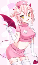 Rule 34 | 1girl, :3, bandaid, bandaid on arm, bandaid on leg, blush, crop top, demon girl, demon horns, demon tail, demon wings, elbow gloves, fang, folded ponytail, garter straps, gloves, hat, high collar, highres, holding, holding syringe, horns, kawagami raito, looking at viewer, midriff, navel, nurse, nurse cap, open mouth, original, pencil skirt, pill hair ornament, pink hair, short sleeves, skirt, smile, solo, syringe, tail, thighhighs, two-sided fabric, wings, yellow eyes