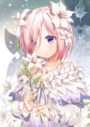 Rule 34 | 1girl, alternate costume, blush, craytm, fate/grand order, fate (series), flower, hair flower, hair ornament, hair over one eye, highres, jewelry, lily (flower), looking at viewer, mash kyrielight, necklace, pink hair, purple eyes, short hair, smile, solo