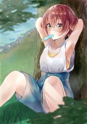 Rule 34 | 10s, 1girl, armpits, arms behind head, bad id, bad pixiv id, brown hair, casual, food, grass, hoshizora rin, ice cream, looking at viewer, love live!, love live! school idol festival, love live! school idol project, outdoors, short hair, sitting, solo, tree, ultone (neisiss), yellow eyes
