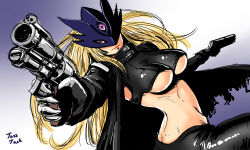 Rule 34 | 1girl, arched back, ass, beelstarmon, blonde hair, breasts, butt crack, cape, collar, crop top, digimon, digimon (creature), dimples of venus, dual wielding, gradient background, gun, handgun, helmet, holding, jacket, jazz jack, leather, leather jacket, leather pants, lipstick, long hair, looking at viewer, makeup, mask, midriff, monster girl, pants, pink eyes, revealing clothes, revolver, simple background, smile, solo, torn cape, torn clothes, underboob, weapon