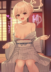 Rule 34 | 1girl, absurdres, blonde hair, blue archive, blush, breasts, collarbone, dated, feet out of frame, halo, heart, highres, japanese clothes, kimono, long sleeves, nipples, nodoka (blue archive), nodoka (hot spring) (blue archive), obi, open mouth, pizza (pizzania company), red eyes, sash, short hair, small breasts, smile, solo, translation request, white kimono, wide sleeves, yellow halo
