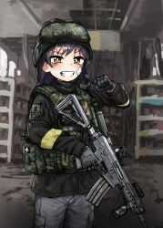 Rule 34 | 1girl, absurdres, assault rifle, black hair, brown eyes, goggles, goggles on headwear, gun, highres, holding, holding weapon, looking at viewer, military uniform, original, rifle, smile, solo, standing, tagme, uniform, weapon, yihan1949