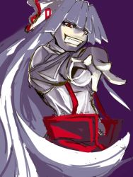 Rule 34 | 1girl, bow, female focus, foreshortening, fujiwara no mokou, grin, hair bow, hair ribbon, long hair, long sleeves, looking down, mochi suki, outstretched arm, outstretched hand, red eyes, ribbon, silver hair, simple background, smile, solo, standing, suspenders, touhou