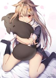 Rule 34 | 10s, 1girl, black serafuku, black skirt, black socks, blonde hair, blush, closed mouth, commentary request, female focus, fingerless gloves, gloves, hair flaps, hair ornament, hairclip, highres, kantai collection, long hair, looking at viewer, nyum, hugging object, on bed, one eye closed, pleated skirt, red eyes, scarf, school uniform, serafuku, sitting, skirt, smile, socks, solo, straight hair, stuffed toy, twitter username, v, wariza, yuudachi (kancolle), yuudachi kai ni (kancolle)