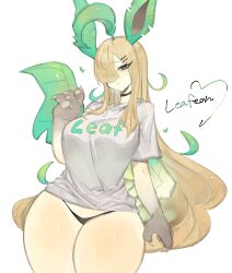 Rule 34 | 1girl, absurdres, ahoge, animal ears, bare legs, black choker, black eyes, black panties, blush, breasts, choker, creatures (company), furry, furry female, game freak, gen 4 pokemon, green hair, hair ornament, hair over one eye, hairclip, heart, highres, large breasts, leaf, leaf on head, leafeon, long hair, looking at viewer, nintendo, one eye covered, panties, pawpads, pokemon, pokemon (creature), shirt, sidelocks, tail, thick thighs, thighs, togetoge, underwear, very long hair, white shirt, wide hips, yellow fur