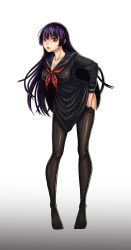 Rule 34 | 1girl, black pantyhose, black serafuku, black skirt, blunt bangs, breasts, cleavage, clothes lift, clothes pull, collarbone, female focus, full body, gradient background, highres, kanoe yuuko, large breasts, lips, lipstick, long hair, long legs, looking at viewer, makeup, neckerchief, nermes, open mouth, pantyhose, pantyhose pull, pleated skirt, purple hair, red eyes, school uniform, serafuku, shirt, simple background, skindentation, skirt, skirt lift, solo, tasogare otome x amnesia, taut clothes, taut shirt, undressing, very long hair