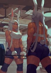 Rule 34 | 1girl, animal ears, ass, back, barbell, bare shoulders, black shorts, boku no hero academia, breasts, clothing cutout, dark-skinned female, dark skin, exercising, from behind, gym, gym shorts, highres, indoors, knee brace, large breasts, leonardo vincent, long eyelashes, long hair, looking at self, median furrow, midriff, mirko, mirror, navel, parted bangs, rabbit ears, rabbit girl, rabbit tail, red eyes, reflection, shorts, solo, sports bra, stomach, strong, sweat, tail, tail through clothes, thighs, toned, v-shaped eyebrows, weightlifting, weights, white hair, white sports bra, wrist weights