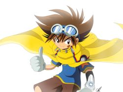 Rule 34 | cape, damaged, digimon, digimon adventure v-tamer 01, digivice, gloves, goggles, goggles on head, highres, smile, star (symbol), thumbs up, yagami taichi (digimon adventure v-tamer 01)