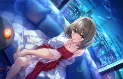 Rule 34 | 1girl, blue eyes, breasts, brown hair, building, candle, cityscape, cleavage, cloud, couch, dress, game cg, green eyes, heterochromia, high heels, idolmaster, idolmaster cinderella girls, idolmaster cinderella girls starlight stage, jewelry, medium breasts, nail polish, necklace, official art, open mouth, pillow, red dress, shooting star, sitting, solo, star (sky), takagaki kaede