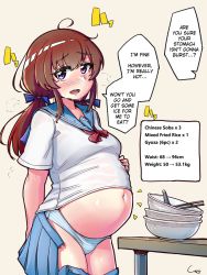 Rule 34 | 1girl, belly, belly stuffing, brown hair, english text, highres, overeating, panties, skirt, tagme, translated, underwear